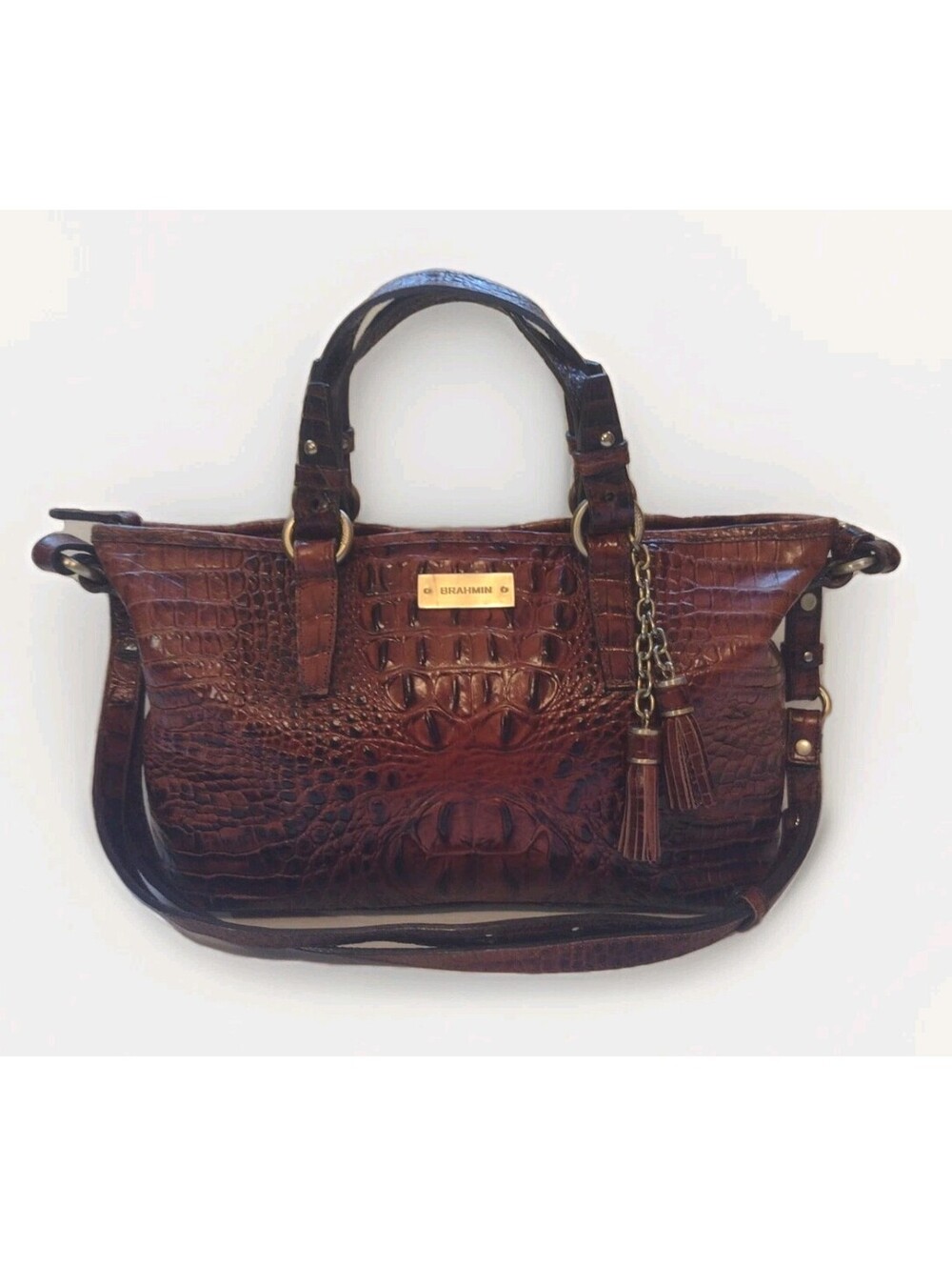 Brahmin Mini Asher Satchel Brown Croc Embossed Leather Crossbody Handbag